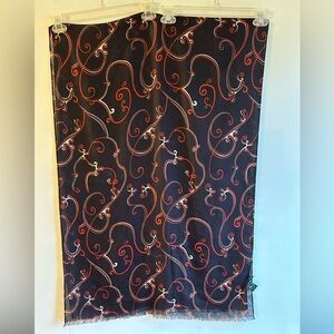 HANDMADE 100% WOOL SWIRL PATTERNED CHOCOLATE BROWN BLACK RED AND CREAM SCARF O/S